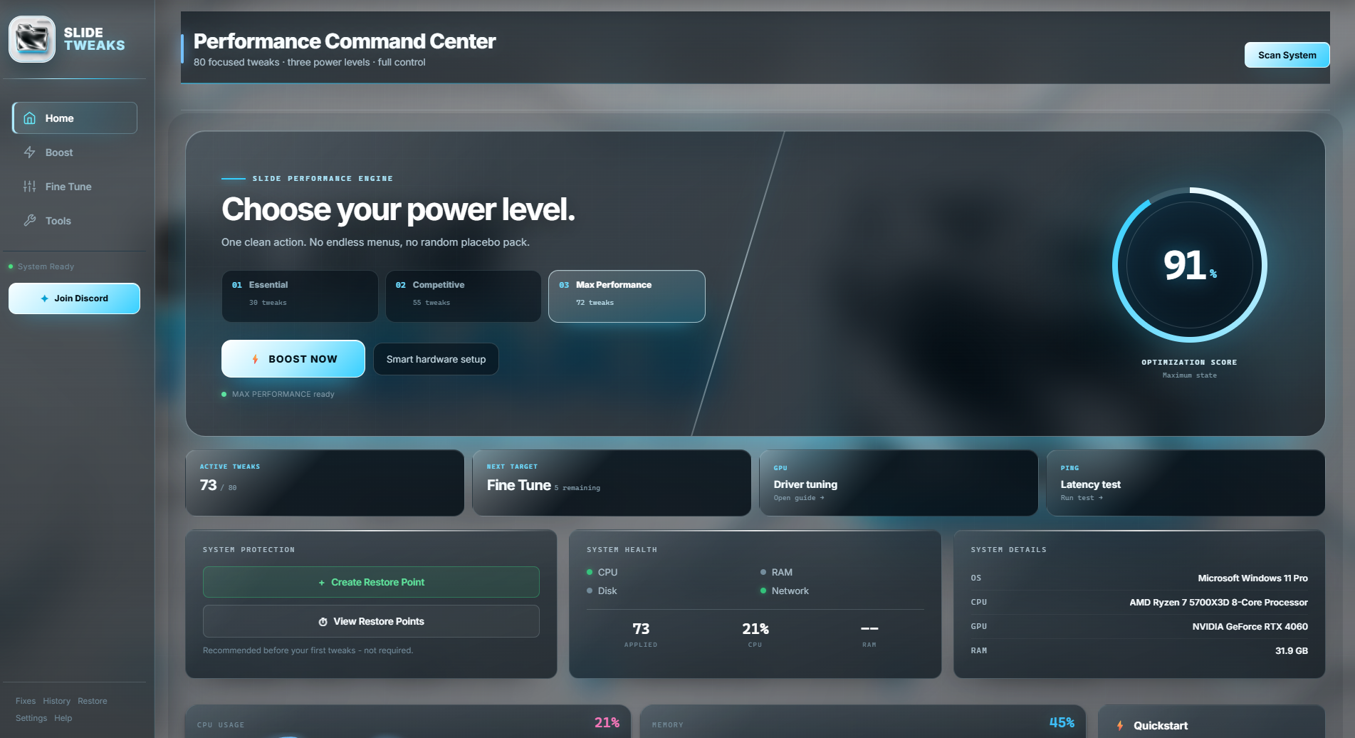 Slide Tweaks Performance Command Center